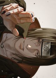  1boy akatsuki_uniform an_kyoung black_hair black_headband black_nails black_robe facial_mark grey_eyes headband highres jewelry konohagakure_symbol looking_at_viewer male_focus nail_polish naruto_(series) naruto_shippuuden necklace outstretched_hand parted_bangs parted_lips robe smile solo uchiha_itachi upper_body white_background 