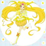  1girl blonde_hair colored cure_muse_(yellow) heart long_hair looking_at_viewer magical_girl open_mouth precure shirabe_ako smile solo sui-tokyarameru suite_precure very_long_hair wink 