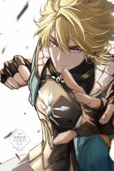  1boy aqua_jacket arms_up black_gloves black_pants black_shirt blonde_hair blue_eyes clenched_hand closed_mouth commentary_request cowboy_shot double-parted_bangs genshin_impact gloves hair_between_eyes highres incoming_attack jacket lapels male_focus necoco112061 pants parted_hair shirt smile solo varka_(genshin_impact) watermark 