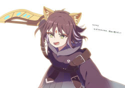  1girl absurdres animal_ears black_hair blue_hoodie blue_kimono cho_kaguya-hime! colored_inner_hair commentary_request forehead_jewel fox_ears fox_girl green_eyes highres holding holding_weapon hood hood_down hoodie japanese_clothes kimono multicolored_hair open_mouth sakayori_iroha simple_background solo teeth thereaakari weapon white_background 