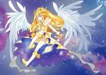  1girl bike_shorts blonde_hair boots buts_(11067) choker cure_peace dress feathered_wings female halo kise_yayoi long_hair magical_girl ponytail precure princess_form_(smile_precure!) shorts_under_skirt skirt smile smile_precure! solo space star stars tiara wand wings wrist_cuffs yellow_bike_shorts yellow_dress yellow_eyes 