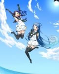  2girls blue_eyes blue_gloves blue_hair blue_legwear clouds elbow_gloves falling gloves kantai_collection long_hair multiple_girls ocean personification ponytail samidare_(kantai_collection) school_uniform serafuku skirt sky smile suzukaze_(kantai_collection) thighhighs very_long_hair zettai_ryouiki 