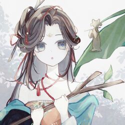  1girl :o bare_shoulders black_eyes black_hair branch commentary_request dress facial_mark forehead_mark green_sleeves grey_background hair_branch hair_bun hands_up highres holding holding_branch huadian jiu_niangzi leaf long_hair looking_at_viewer rainyam6 red_dress reverse:1999 single_side_bun solo statuette upper_body 