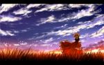  1girl blonde_hair blue_eyes blue_sky bow clouds grass hair_bow highres letterboxed light_particles medicine_melancholy nekominase puffy_sleeves sash shirt short_sleeves skirt sky solo sunset touhou wind 