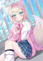  1girl absurdres alternate_costume bandaid bandaid_hair_ornament blonde_hair blue_eyes blue_skirt blush cardigan closed_mouth collared_shirt drink_carton hair_ornament heonemo_0412 highres holding holding_juice_box hololive hololive_english juice_box looking_at_viewer mococo_abyssgard multicolored_hair pink_cardigan pink_streaks shirt short_hair skirt solo streaked_hair virtual_youtuber white_shirt x_hair_ornament 