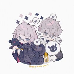  1boy 1girl baby_animal black_dress black_jacket chibi chibi_only coat dress fate/grand_order fate_(series) glasses grey_eyes grey_hair hashtag-only_commentary highres hood hooded_dress hooded_jacket jacket jacques_de_molay_(foreigner)_(fate) jacques_de_molay_(foreigner)_(second_ascension)_(fate) jacques_de_molay_(saber)_(fate) kanae_(cookie) lamb open_clothes open_jacket padded_coat sheep white_background white_day 