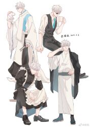  1boy alternate_costume apron aqua_eyes aqua_necktie black_dress black_shoes black_vest crossdressing crossdressing_(mtf) cup dress eyes_visible_through_hair folding_fan frilled_apron frills gojou_satoru grey_socks hair_over_eyes hakama hand_fan hashtag-only_commentary highres holding holding_cup japanese_clothes jujutsu_kaisen kariginu kimono long_sleeves maid maid_apron male_focus male_maid multiple_views necktie sandals shoes short_hair simple_background sleeves_rolled_up socks sunglasses tabi toned toned_male vest white_apron white_background white_hair white_kimono white_socks wide_sleeves zhishuo418 zouri 