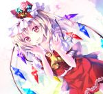  1girl ascot blonde_hair candy fang flandre_scarlet hat hat_ribbon looking_at_viewer mob_cap open_mouth puffy_sleeves red_eyes ribbon riichu shirt short_sleeves side_ponytail skirt skirt_set smile solo star touhou vest wings 