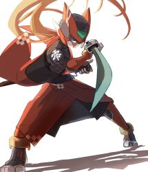  1boy arm_out_of_sleeve blonde_hair capcom full_body helmet highres holding holding_sword holding_weapon japanese_clothes katana kimono long_hair mega_man_(series) mega_man_zero_(series) omochi_(mochi_skymega) open_clothes open_kimono ponytail red_helmet red_kimono samurai sash scabbard sheath solo standing sword unsheathing weapon zero_(mega_man) 