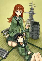  2girls absurdres bangs black_eyes black_hair blunt_bangs blush braid brown_eyes brown_hair cannon cocoroten highres kantai_collection kitakami_(kantai_collection) long_hair long_sleeves lying multiple_girls ooi_(kantai_collection) open_mouth payot personification school_uniform serafuku sitting skirt smile torpedo 