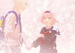  1boy 1girl black_hairband black_serafuku black_skirt blue_eyes cherry_blossoms cyrene_(honkai:_star_rail) cyrene_(philia093)_(honkai:_star_rail) flower foreskin hairband hashtag-only_commentary highres holding holding_flower holding_hands honkai:_star_rail honkai_(series) marketslipper neckerchief phainon_(honkai:_star_rail) pink_hair red_neckerchief school_uniform serafuku shirt short_hair skirt smile tree white_hair white_shirt 
