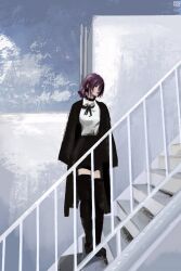 1girl anirrie black_choker black_coat black_ribbon black_shorts chainsaw_man choker coat coat_on_shoulders collared_shirt commentary hashtag-only_commentary highres neck_ribbon reze_(chainsaw_man) ribbon shirt shorts solo stairs standing white_shirt 