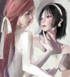  2girls alien_stage anirrie black_hair commentary earrings gloves hair_ribbon hairband half_updo hashtag-only_commentary highres jewelry long_hair mizi_(alien_stage) multiple_girls pink_hair ribbon short_hair sphere_earrings sua_(alien_stage) violet_eyes white_gloves white_hairband white_ribbon 