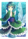 1girl animal_ears blue_eyes blue_hair blush bubble fish hand_to_own_mouth head_fins japanese_clothes kimono long_sleeves looking_at_viewer mermaid monster_girl obi open_mouth short_hair sleeves_past_wrists solo suzuna951031 touhou underwater wakasagihime wide_sleeves 