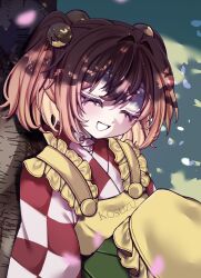  1girl apron bell checkered_clothes checkered_kimono checkered_shirt closed_eyes clothes_writing colored_eyelashes commentary_request hair_bell hair_ornament highres japanese_clothes jingle_bell kimono motoori_kosuzu open_mouth orange_hair shigure._(tennensui) shirt short_hair smile touhou twintails wide_sleeves yellow_apron 