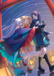  3girls :d ;d absurdres animal_collar animal_ears belt black_boots blue_eyes blue_hoodie blue_kimono boots cho_kaguya-hime! collar colored_extremities commentary_request crescent crescent_hair_ornament fingernails forehead_jewel fox_girl fumi_(jwuf4335) fushi_(cho_kaguya-hime!) green_eyes grin hair_ornament hair_rings hair_stick hand_on_another's_shoulder highres hood hoodie japanese_clothes kaguya_(cho_kaguya-hime!) kimono lantern long_hair lop_rabbit_ears medium_hair multiple_girls nail_polish one_eye_closed open_mouth orange_eyes paper_lantern purple_hair rabbit_ears red_kimono round_teeth runami_yachiyo sakayori_iroha sea_slug sidelocks smile socks star_(sky) star_trail teeth torii twintails very_long_hair walking water white_socks 