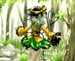 1girl aqua_hair bai_yemeng blouse expressionless facing_away forest frilled_sleeves grass green_eyes hat hat_ribbon highres komeiji_koishi long_sleeves looking_down nature outstretched_arms ribbon rock shade short_hair skirt solo spread_arms third_eye touhou walking water_droplets 