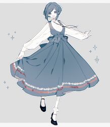  1girl black_shoes blue_dress blue_eyes blue_hair collared_shirt commentary_request dress fukurai_azami full_body grey_background highres long_sleeves looking_at_viewer naturalclover open_mouth shirt shoes short_hair skirt_hold smile socks solo sparkle standing standing_on_one_leg toshi_densetsu_kaitai_center white_socks 