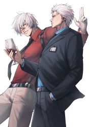  2boys absurdres alcohol alternate_costume bandaid bandaid_on_face bandaid_on_nose belt belt_buckle black_belt black_jacket black_pants black_suit blue_shirt brothers buckle collared_shirt cup dante_(devil_may_cry) devil_may_cry_(series) devil_may_cry_3 dmcdv99 drinking_glass grey_pants hashtag-only_commentary highres holding holding_cup jacket layered_sleeves long_sleeves looking_at_another looking_to_the_side male_focus multiple_boys pants parted_bangs red_shirt shirt shirt_tucked_in siblings sideways_glance simple_background suit suspenders twins vergil_(devil_may_cry) white_background white_hair wine wine_glass 
