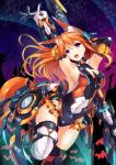  1girl :d alternate_costume animal_ears armor armpits arms_up bat black_legwear bodysuit breasts brown_hair cleavage elbow_gloves fang fatkewell fox_ears fox_tail gloves halloween jack-o&#039;-lantern light_particles mecha_musume necktie open_mouth polearm rika_eastre sky smile spear star_(sky) starry_sky tagme tail thighhighs violet_eyes weapon 