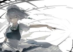  1girl absurdres blue_eyes dress grey_hair hashtag-only_commentary highres holding holding_weapon izayoi_sakuya knife kurukuru1202kr maid maid_headdress short_hair sidelocks solo sword throwing_knife touhou weapon white_background 