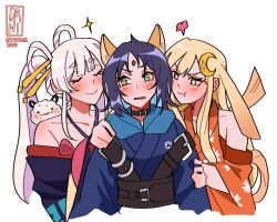  3girls :t animal_ears artist_name bare_shoulders black_choker black_hair blonde_hair blue_hair blue_hoodie blush cho_kaguya-hime! choker closed_eyes collarbone commentary crescent crescent_hair_ornament cropped_torso dandomii detached_sleeves forehead_jewel fox_ears fushi_(cho_kaguya-hime!) girl_sandwich green_eyes hair_ornament hair_rings hair_stick halterneck hand_on_another's_arm hand_on_another's_shoulder heart hood hoodie jealous kaguya_(cho_kaguya-hime!) long_hair lop_rabbit_ears multicolored_hair multiple_girls on_shoulder parted_lips pink_hair rabbit_ears runami_yachiyo sakayori_iroha sandwiched smile sparkle twintails two-tone_hair v-shaped_eyebrows white_background white_hair wide_sleeves yellow_eyes yuri 
