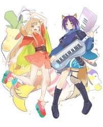  2girls ahoge animal_ear_headphones animal_ears arm_up black_boots blonde_hair blue_hoodie boots cat_ear_headphones cat_ears cho_kaguya-hime! crescent crescent_hair_ornament fake_animal_ears forehead_jewel fox_ears full_body green_eyes hair_ornament hashtag-only_commentary headphones highres holding holding_instrument hood hoodie instrument japanese_clothes kaguya_(cho_kaguya-hime!) keyboard_(instrument) keytar kimono knee_boots long_hair looking_at_viewer lop_rabbit_ears multiple_girls one_eye_closed open_mouth pink_shoes purple_hair rabbit_ears red_kimono sakayori_iroha shoes short_hair smile standing stuffed_animal stuffed_penguin stuffed_toy teddy_bear urtk07 v white_background 