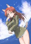  1girl animal_ears blush breast_hold breasts extra_ears kurou_(artist) military military_jacket military_uniform minna-dietlinde_wilcke ocean red_eyes redhead smile solo strike_witches tail uniform wink 