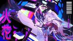  1girl butterfly-shaped_pupils clothing_cutout commentary crt diamond_(shape) diamond_facial_mark diamond_on_cheek english_text facial_mark hat hat_ornament heart heart_facial_mark heart_on_cheek highres honkai:_star_rail honkai_(series) legs mao_(expuella) mark_under_both_eyes mini_hat mini_top_hat mixed-language_text open_mouth pink_eyes rabbit_ear_headwear rabbit_hat_ornament shoulder_cutout smile solo sparkle_(honkai:_star_rail) sparxie_(honkai:_star_rail) static symbol-shaped_pupils television thighs top_hat untranslatable_commentary white_hair 