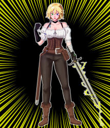  absurdres blonde_hair breasts corset fantasy heterochromia highres large_breasts lightning lucretia_wallerian_(original) original riberiru short_hair underbust warrior 