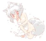  1girl animal_ears blush breasts covering covering_crotch inubashiri_momiji large_breasts mitsumoto_jouji naked_towel open_mouth red_eyes short_hair silver_hair simple_background sketch solo tail touhou towel white_background wolf_ears wolf_tail 