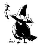  animalization azuki_osamitsu bird bow hat hopeless_masquerade kirisame_marisa monochrome no_humans raven_(animal) sparkle touhou translation_request witch_hat 