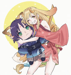  1girl animal_ears blonde_hair character_doll cho_kaguya-hime! commentary_request crescent crescent_hair_ornament doll feet_out_of_frame fox_ears fox_tail green_eyes grin hair_ornament highres holding holding_doll ichi27ichi japanese_clothes kaguya_(cho_kaguya-hime!) kimono long_hair looking_at_viewer lop_rabbit_ears one_eye_closed partial_commentary purple_hair rabbit_ears red_kimono red_ribbon ribbon sakayori_iroha simple_background smile standing tail tassel white_background 