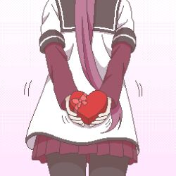  1girl arms_behind_back back back_focus black_pantyhose black_sailor_collar box box_of_chocolates commentary_request dress from_behind from_below gift heart-shaped_box highres holding holding_gift layered_sleeves long_hair long_sleeves motion_lines nanamori_school_uniform pantyhose pixel_art pleated_dress ponytail purple_hair red_dress sailor_collar sailor_shirt school_uniform shirt short_dress short_over_long_sleeves short_sleeves solo sugiura_ayano thighs valentine white_shirt yuru_kaze yuruyuri 