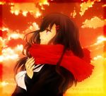  1girl ayano_(kagerou_project) brown_hair clouds kagerou_project long_hair looking_up red_eyes scarf solo sunset tears 