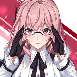  1girl artist_name black_gloves cen_(cenll) collared_shirt commentary_request dated glasses gloves highres long_hair long_sleeves looking_at_viewer pink_eyes pink_hair portrait shirt smile solo tsukishiro_yanagi white_shirt zenless_zone_zero 