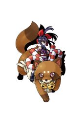  1girl ankle_boots black_boots boots brown_tail elbow_gloves floating_hair gloves hair_between_eyes hair_ribbon harakawa_mitsuhiro high_ponytail holding holding_rope japanese_clothes kimono kirikaze_(shinrabanshou) long_hair mask mouth_mask ninja obi official_art ponytail purple_hair purple_kimono red_eyes red_ribbon ribbon riding riding_animal rope sash sheath shinrabanshou sleeveless sleeveless_kimono tanuki third-party_source transparent_background weapon weapon_on_back white_gloves yuuyami_no_mikazuki 