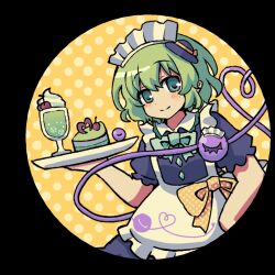  1girl alternate_costume apron back_bow black_dress black_hat blush bow bowtie cake cake_slice cherry circle closed_mouth commentary cup dress drinking_glass enmaided eyeball food fruit green_bow green_bowtie green_eyes green_hair hat heart heart_of_string highres holding holding_tray komeiji_koishi looking_at_viewer maid maid_headdress medium_hair mini_hat polka_dot polka_dot_background silverrain smile solo third_eye touhou tray white_apron white_bow yellow_background 