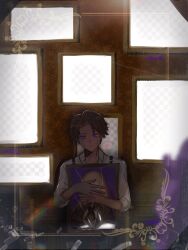  1boy brown_hair catherine_(project_moon) closed_mouth collared_shirt dark-skinned_male dark_skin fake_transparency haneetyann hashtag-only_commentary heathcliff_(project_moon) highres holding_painting limbus_company long_hair long_sleeves looking_to_the_side male_focus painting_(object) petals project_moon shirt solo suspenders violet_eyes white_shirt 