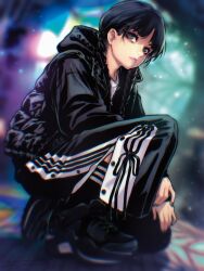  1girl black_coat black_hair black_pants black_shoes black_socks blunt_bangs blurry blurry_background braid closed_mouth coat commentary english_commentary full_body grey_eyes highres hood hood_down hooded_coat long_hair on_one_knee pants parted_bangs puffy_coat shirt shoes silk socks solo spider_web striped_clothes striped_socks the_addams_family toni_caballero twin_braids wednesday_(netflix) wednesday_addams white_shirt 