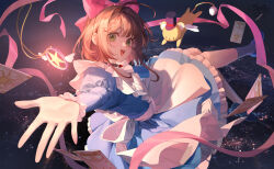  1girl :d absurdres antenna_hair apron artist_logo back_bow black_choker blue_dress blue_shoes bow brown_hair cardcaptor_sakura chinese_commentary choker clow_card commentary_request dress familiar frilled_apron frilled_dress frills full_body green_eyes grey_socks hair_bow hair_intakes heart heart_choker high_up highres jewelry juliet_sleeves kero_(cardcaptor_sakura) kinomoto_sakura kinomoto_sakura_(princess_dreams) logo long_sleeves looking_at_viewer magical_girl midair necklace open_hand open_mouth outstretched_arm pink_bow pink_ribbon puffy_sleeves qipatong_xiaotong reaching reaching_towards_viewer ribbon shoes short_hair smile socks solo unworn_jewelry unworn_necklace white_apron 