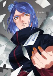  1girl absurdres akatsuki_uniform birthday black_coat blue_eyeliner blue_flower blue_hair blue_rose breasts coat dated english_text eyeliner flower grey_background hair_bun hair_flower hair_ornament happy_birthday hashtag-only_commentary highres konan_(naruto) long_sleeves looking_at_viewer makeup naruto_(series) naruto_shippuuden orange_eyes orange_nails paper parted_lips piercing rose short_hair single_hair_bun solo sui_kei twitter_username upper_body wide_sleeves wings 