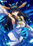  1girl arm_up armpits black_hair blue_eyes detached_sleeves dress egyptian_clothes hair_tubes hairband isis_(p&amp;d) long_hair looking_at_viewer maho_(boku_no_kao_wo_otabeyo) puzzle_&amp;_dragons smile solo white_dress wide_sleeves 