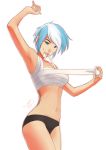  1girl arm_up armpits binding black_panties blue_eyes blue_hair breasts cloud_chaser daniel_macgregor mouth_hold multicolored_hair navel nose nose_piercing original panties piercing sarashi scar short_hair signature solo two-tone_hair underwear underwear_only white_background white_hair 