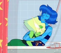  2girls animated animated_gif artist_name bathtub blinking blue_hair blue_skin candle clenched_teeth closed_eyes colored_skin commentary english_commentary forehead_jewel from_side gem gem_(steven_universe) green_gem green_skin hug in_bathtub lapis_lazuli_(steven_universe) multiple_girls official_style peridot_(steven_universe) short_hair shower_curtain smile star_(symbol) steven_universe teeth timehuntress water yuri 