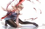  1girl allenkung1 blonde_hair blood glasses highres kuriyama_mirai kyoukai_no_kanata light_smile looking_at_viewer outstretched_hand pantyhose reaching shoes simple_background skirt solo white_background 