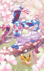 absurdres alternate_color animal_focus bow brown_fur cherry_blossoms colored_sclera commentary_request eevee fangs highres in_tree nene_(neneneno_nenene) no_humans open_mouth pink_eyes pink_sclera pokemon pokemon_(creature) pokemon_focus ribbon shiny_pokemon sitting smile sylveon tree 