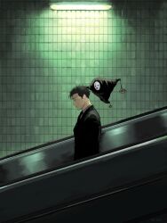  1boy black_hair black_necktie black_suit ceiling_light commentary_request dress_shirt escalator highres higuruma_hiromi judgeman_(jujutsu_kaisen) jujutsu_kaisen male_focus necktie nicky_(nerd) shikigami shirt suit tile_wall tiles white_shirt 