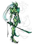  glowing glowing_eyes green_eyes highres maniacpaint original ponytail robot solo sword visor weapon white_hair 