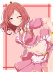  1girl blush clearite curtsey highres looking_at_viewer love_live!_school_idol_project midriff nishikino_maki redhead short_hair skirt smile solo tiara violet_eyes wink 